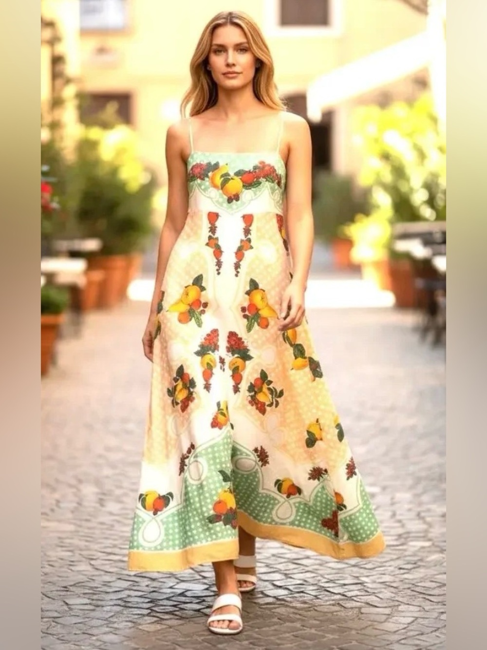 Caroline Constas Cream Maxi Dress with Yellow Lemon Print and Green Trim